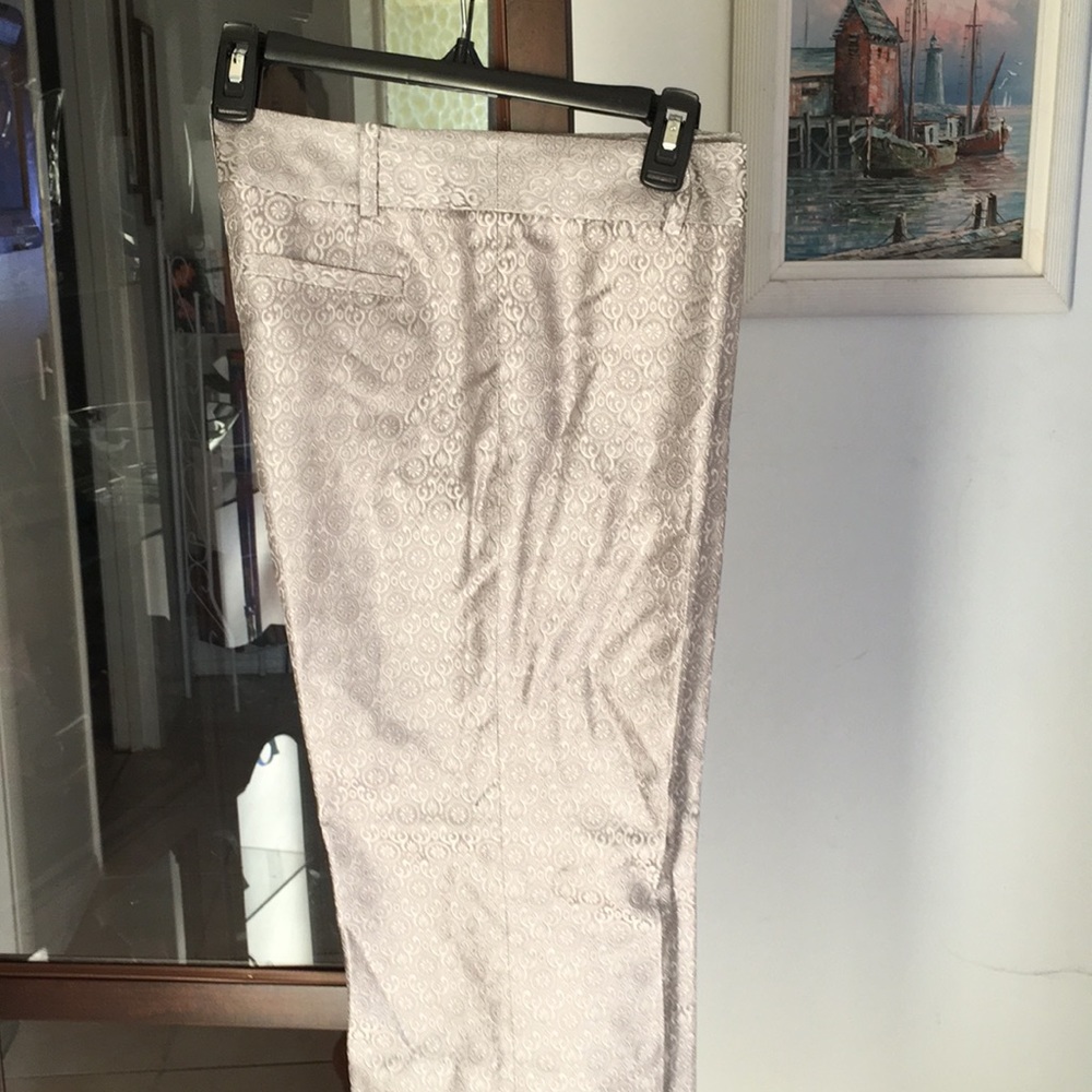 Ladies party dress pants in silver brocade fabric